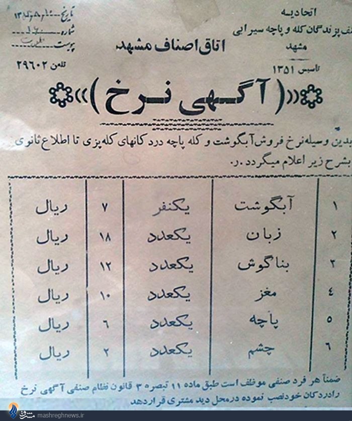 عکس/ قیمت کله‌پاچه در ۴۰ سال پیش