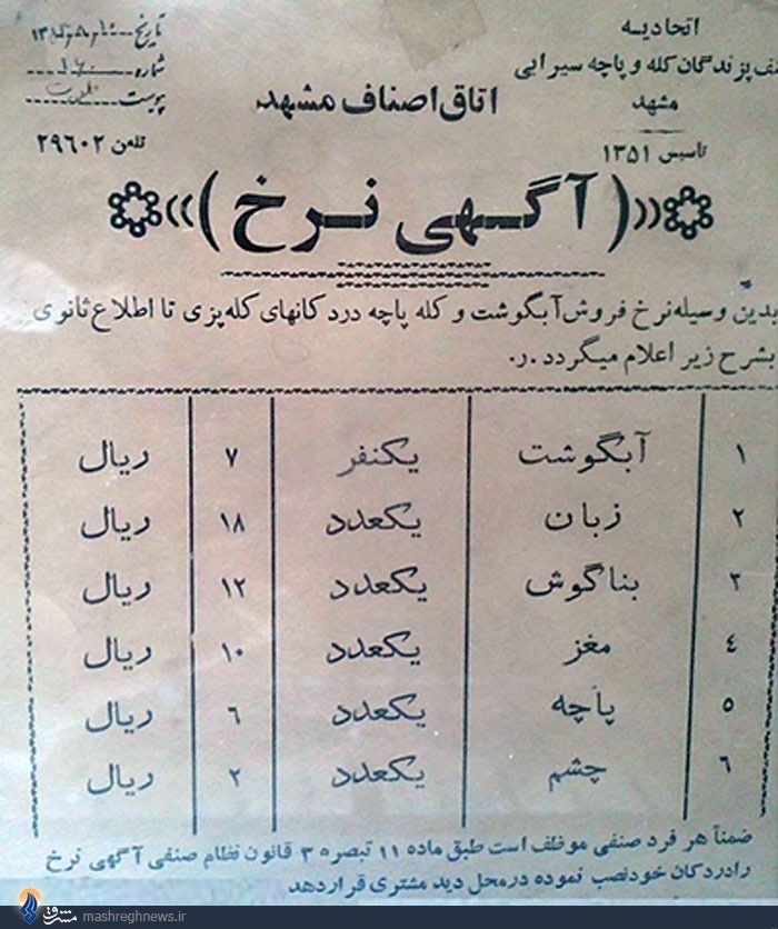 عکس/ قیمت کله‌پاچه در ۴۰ سال پیش